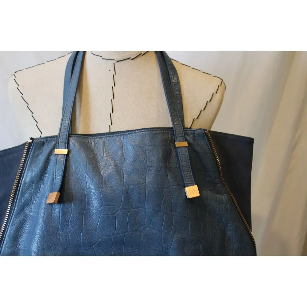 Joie Croc Embossed Blue leather & Suede expandable Hobo Gold hardware